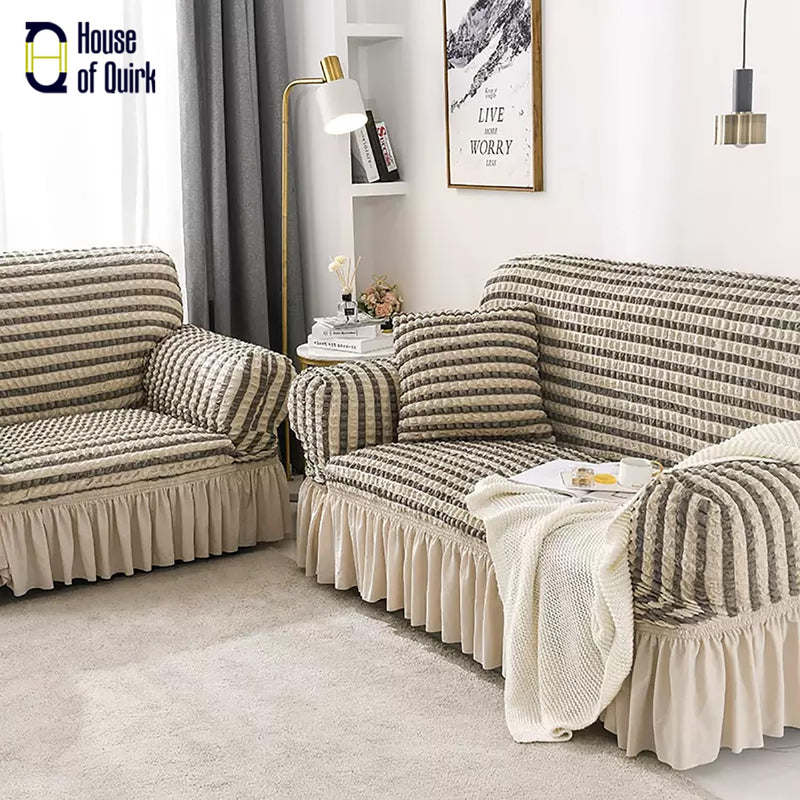 House of Quirk Turkish Bubble Frill 280 GSM Sofa Slipcovers, Durable Washable Universal Triple Seater High Elastic Furniture Protector (Grey Stripe, 185-230cm)