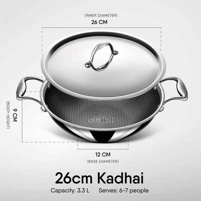 Stahl Artisan Hybrid Triply Non Stick Kadai with Lid, Stainless Steel Kadai for Cooking, Triply Kadhai Metal Spatula Friendly, Induction & Gas Stove Compatible, 3.3 L, 26 cm