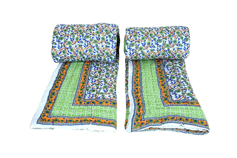 Namaste India Jaipuri Light Weight Traditional Cotton 400 TC Quilt (Single Green_Multicolour -Set of 2