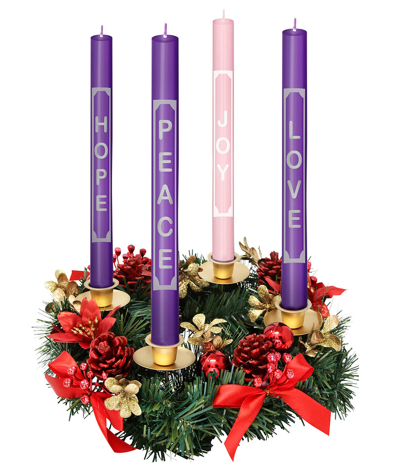 Advent Candles With Words Love, Peace, Hope, Joy On the Candles - Christmas Advent Candle Set of 4 For Advent Rings and Advent Wreaths- Premium Hand Made - Self Fitting End - For Church Advent Wreath