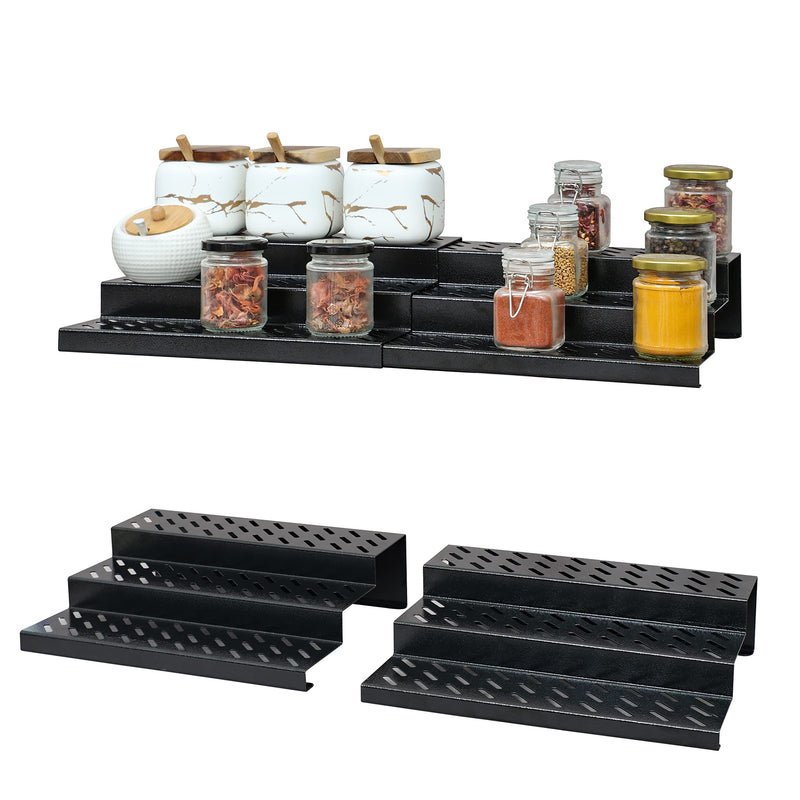 Livzing 3 Tier Expandable Spice Rack - Metal Countertop Display Shelf - Kitchen Cabinet Organizer Stand - 3 Steps Stand For Kitchen - Set Of 2 - Black - Expands 12.2 To 21.6 - Step Shelf