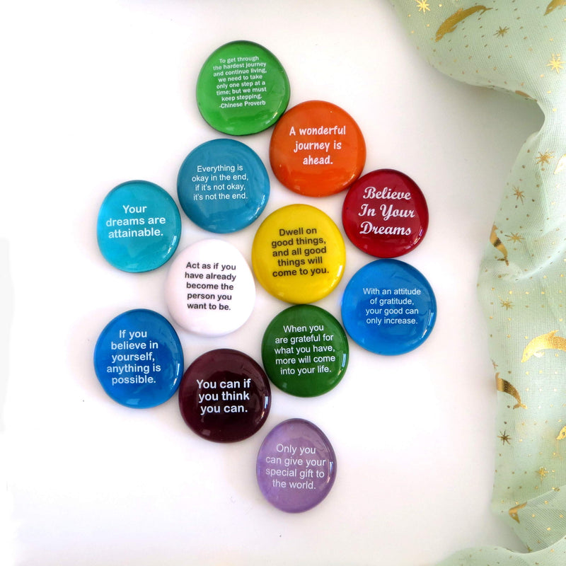 Destiny Stones, 12 Glass Stones To Help You Create Your Own Future. Encouraging and Motivational Messages on Beautiful Word Rocks, by Lifeforce Glass.