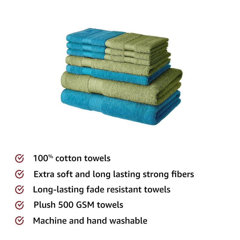 Amazon Brand - Solimo 100% Cotton 10 Piece Towel Set, 500 GSM (Olive Green and Turquoise Blue)