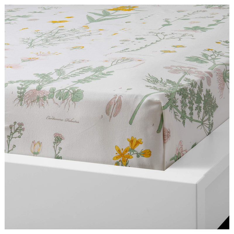 Ikea Cotton Strandkrypa Floral Double Bedsheet and 2 Pillowcase, White, 240x260/50x80 cm (94x102/20x32)