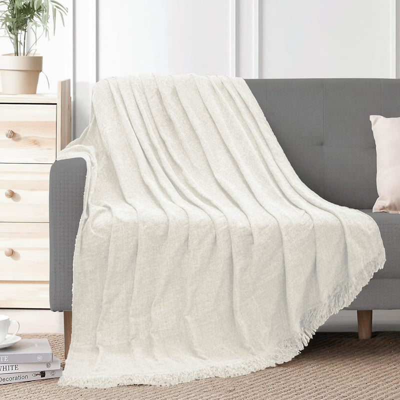 Fashion Throw Throw Blanket Soft Cozy Chenille Throw Blanket with Fringe Tassel for Couch Sofa Chair Bed Living Room Gift (Ivory White, 60" x 80")