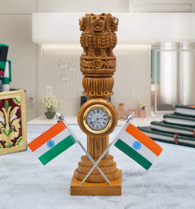 Kaka jiji Handicraft Wooden Carved Ashoka Stambh Pillar With 2 Flags & Analog Clock For Office And Study Table Ii Brown Color Pack Of 1 (2.4Wx2.4Lx8.5H Inches)