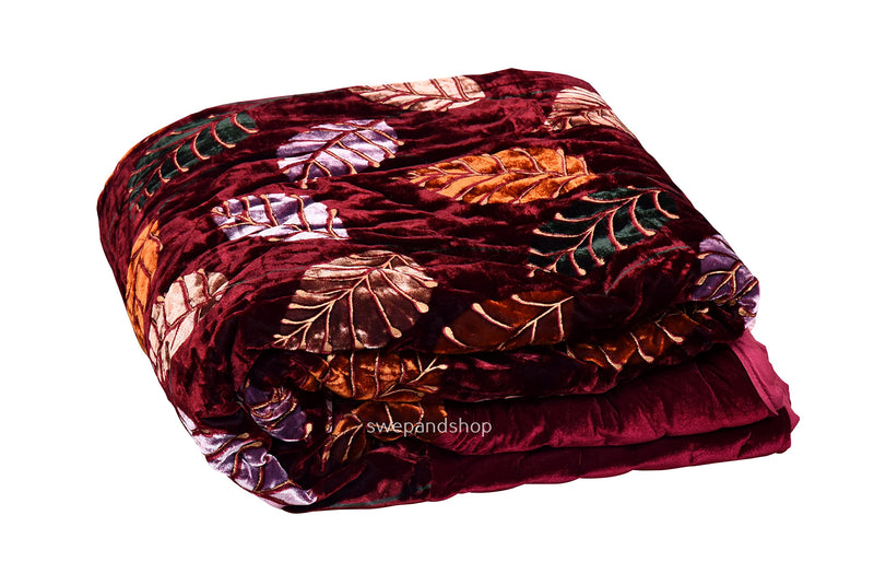 Namaste India Bombay Velvet Leaf Printed Cotton Razai Double Bed Size Jaipuri Quilt Rajai (Maroon/Coffee) Size - 88X103