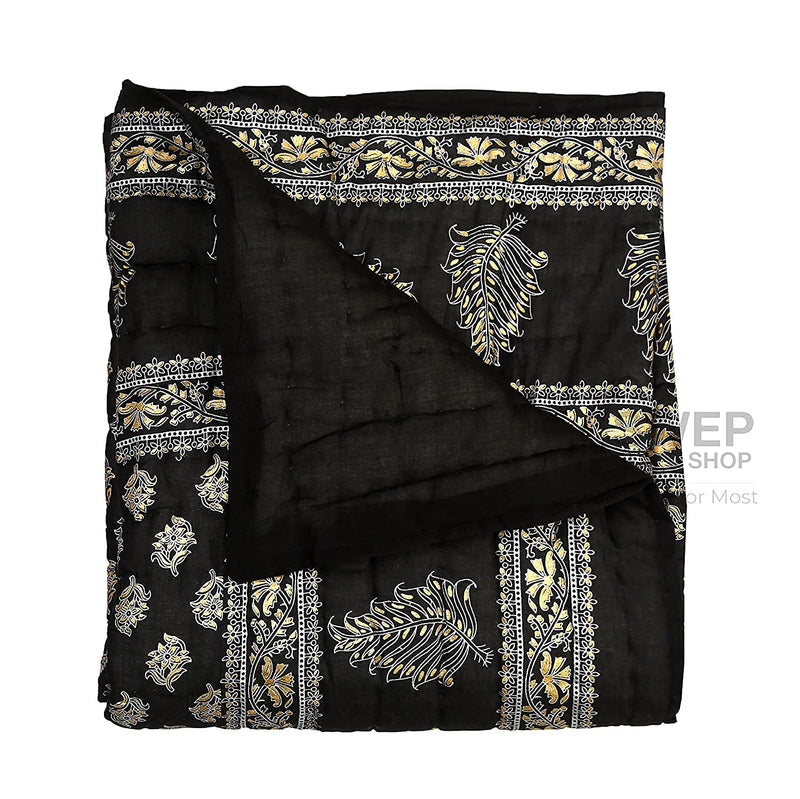 Hopee Shop- Jaipuri Floral Print Cotton Single Bed Razai Quilts Black Colour Rajai Approx 55x85 Inch