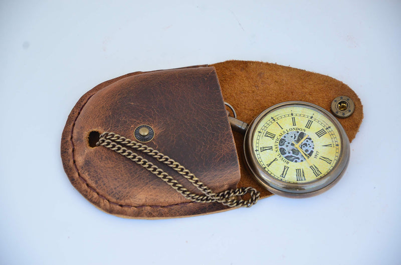 USEW Handmade Antique Brass Clock Roman Numerals Clock with Chain and A Brown Leather Bag