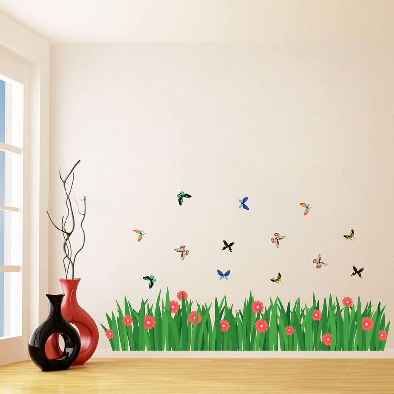 Sticker Hub Green Grass Wall Corner Stickers Flowers Butterflies Baseboard Skirting Line Self Adhesive Sticker (Pack of 1)