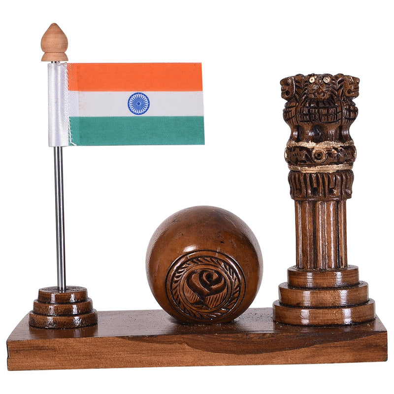 Craft Trade Round Wooden Table Clock - Ashok Stambha Pillar with National Flag Decorative Showpiece Gift for Home and Office Décor