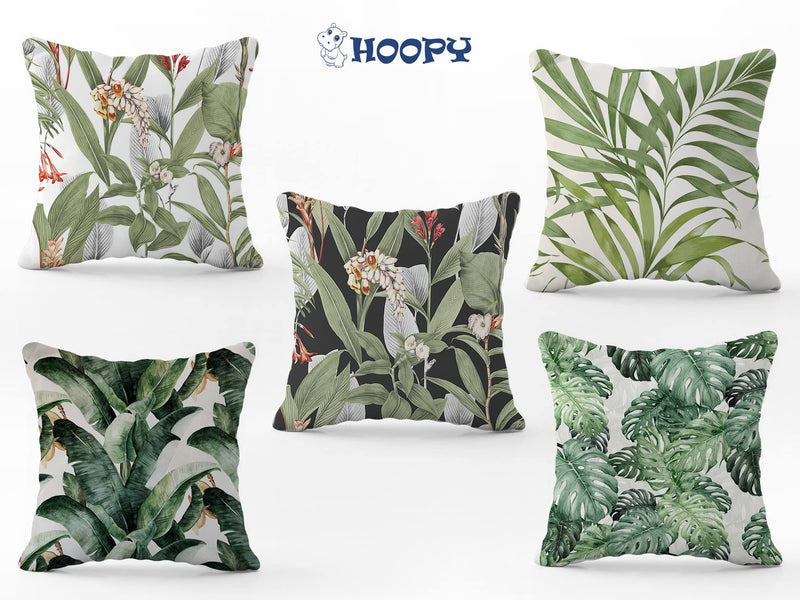 HOOPY Set of 5 Designer Decorative Throw Pillow/Cushion Covers (16 inch x 16 inch, Green Leafs Print)