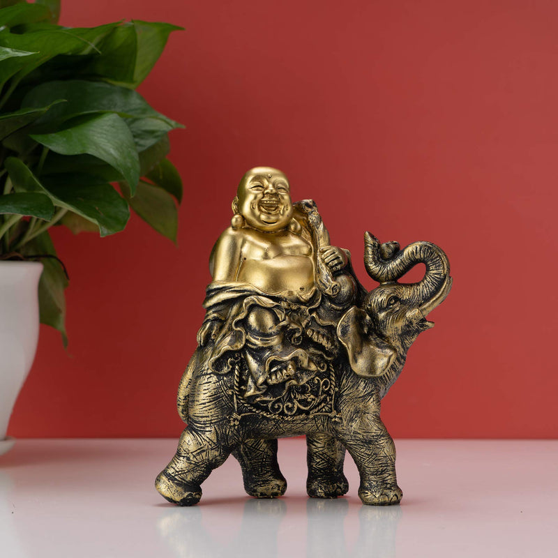 YINASI Feng Shui Handmade Maitreya Laughing Buddha Statue, Laughing Buddha on Elephant Sculpture Figurine for Lucky & Happiness God of Wealth Home Office Hotel Tabletop Desk Decoration