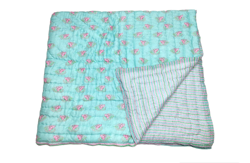 Gnudi Reversible Jaipuri razai for Winter Double Bed/Pure Cotton Jaipuri razai Double Bed/Jaipuri razai Double Bed for mild Winter, 85x100 inch (Sea Green)