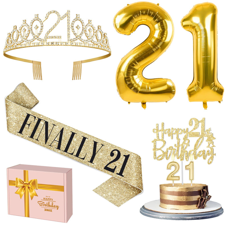 21st Birthday Decorations For Her Include 21st Birthday Tiara and Finally 21 Sash , 21st Birthday Cake Topper and 21 Birthday candles, Gold 21 Balloons, 21st Birthday Gifts for Her Set (Gold)