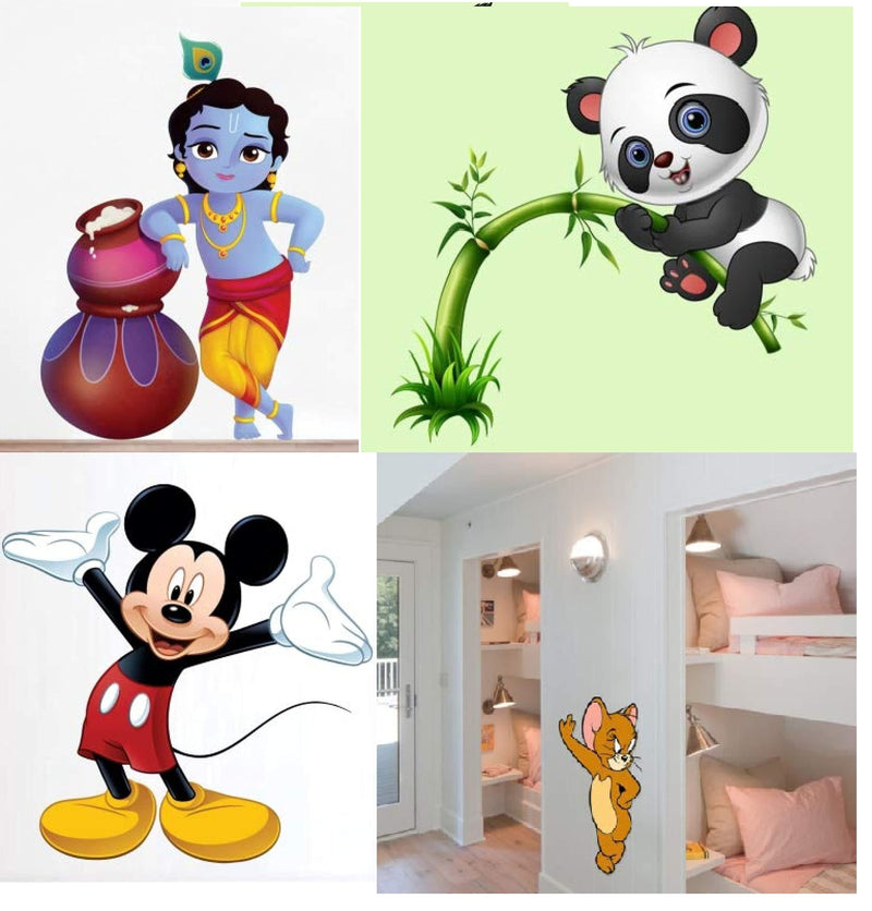 Walltech Combo of 4 Wall Sticker Cute Panda on Tree-(90 x 95 cms) | Cute bal Krishna makhan chor-(60 x 40 cms) | Cute Mickey Mouse-(51 x 50 cms) | Cute Mouse-(50 x 45 cms) - Material Vinyl for Kids Room Hall Living Room