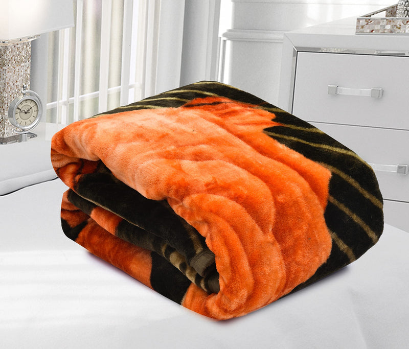 SPANGLE Designer Floral Warm Printed 400 TC Mink Double Bed Blanket (Green & Orange)