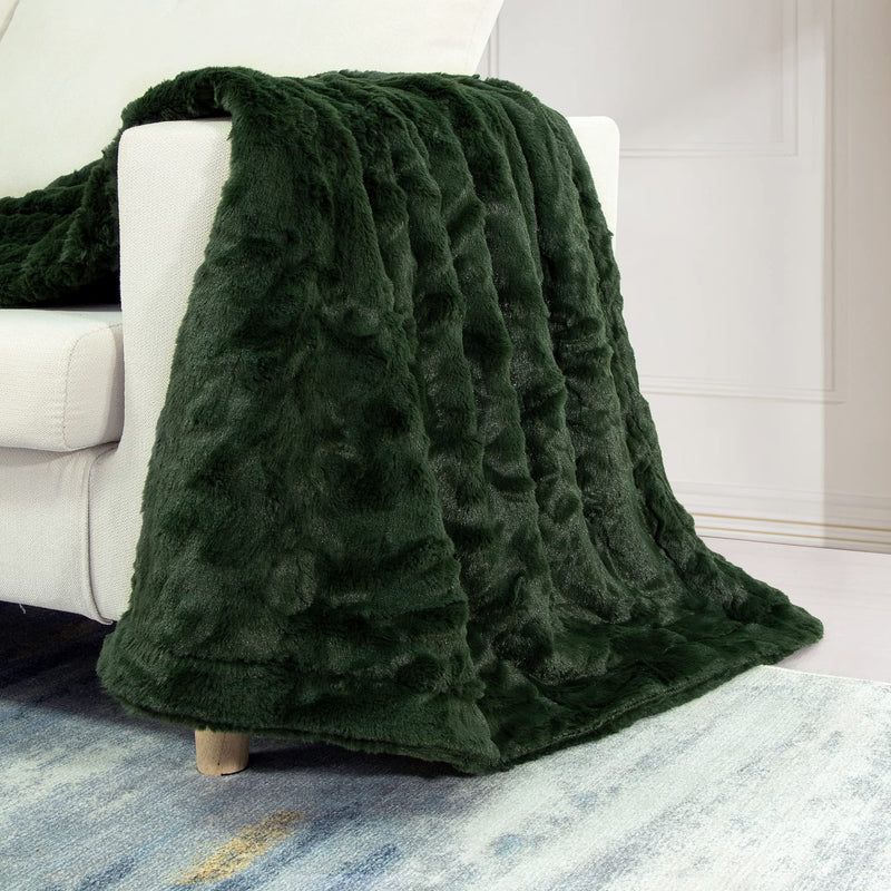 TOONOW Faux Fur Luxury Throw Blanket,Double Side Soft Fluffy Shaggy Fuzzy Blanket for Couch Sofa Bed (Olive Green, Throw)