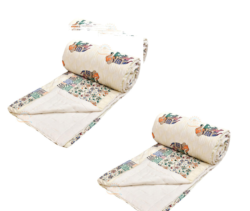 FABDESIGN QUILTS 400 TC Pure Cotton Traditional Rajasthani Hand Block Animals Printed Jaipuri Razzai/Quilt/Razai/Rajai [Light Weight, Multicolor (Cotton, Elephant Set of 2)