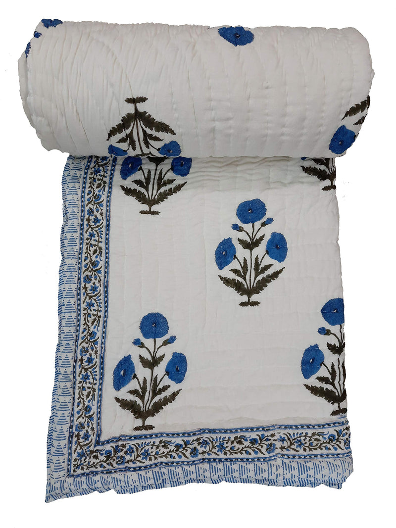 Handicraftworld Handmade Handblock 100%Pure Cotton Jaipuri razai/rajai Traditional sanganeri Print Double Bed Quilt Blanket - 90 Inch x 108 Inch, King Size with Bag (Blue)