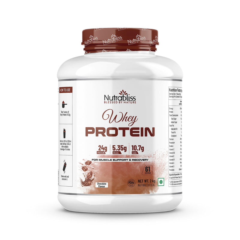 Nutrabliss Premium Pure Whey Protein Concentrated blended with digestive enzymes and probiotics | 100% tested and guaranteed Whey Protein - 24 Gram Protein per serving (Chocolate, 2 Kg)