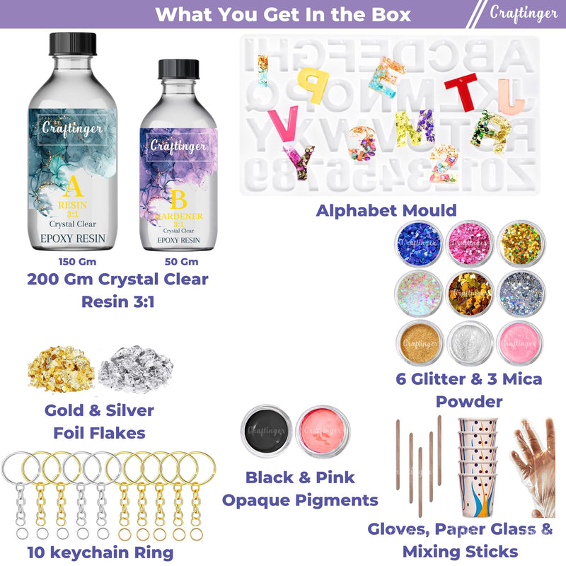 Craftinger DIY Resin Alphabet Keychain Making Kit with 200GM Epoxy Resin & Coaster Mould, Glitter Pigments and More