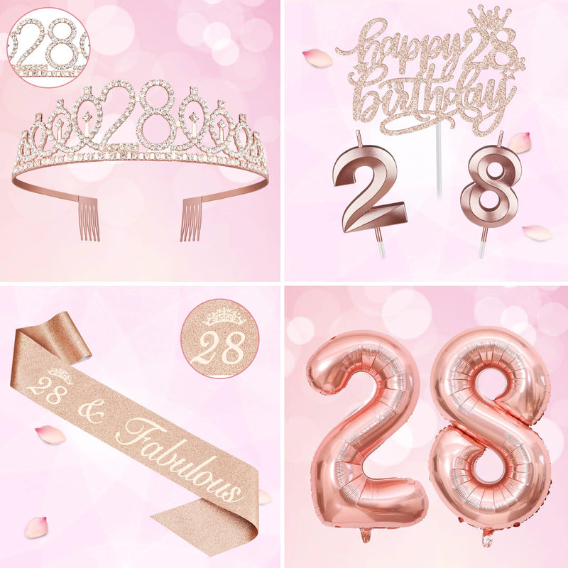 28th Birthday Decorations for Women with 28th Birthday Sash and Tiara, 28th Birthday Candles and Cake Topper, Numeral 28 Balloons, Rose Gold 28th Birthday Gifts for Women