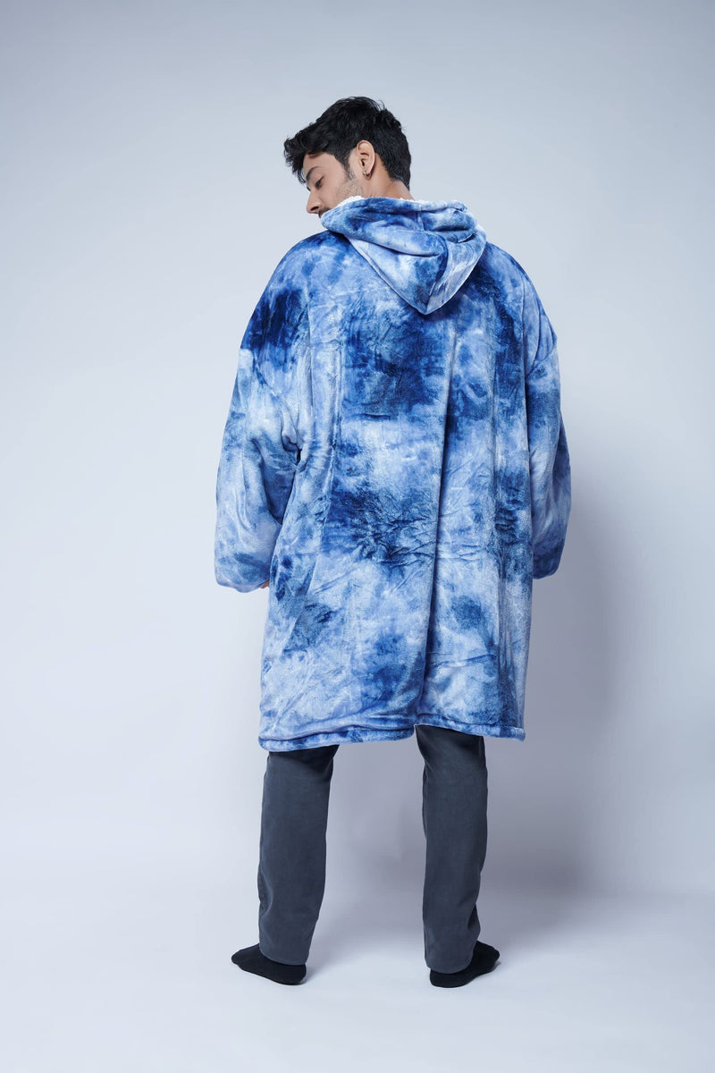 LAMA STORE Premium Sherpa Wearable Blanket Hoodie | Cozy Oversized Hooded Blanket with Large Front Pockets for Women & Men | Tie Dye Blue