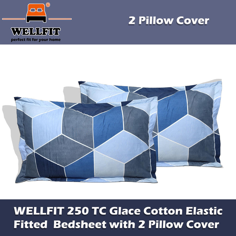 Wellfit Cotton Feel 250 TC Glace Cotton Elastic Fitted Printed Double Size Bed Bedsheet with 2 Pillow Cover (72"x72") INCH