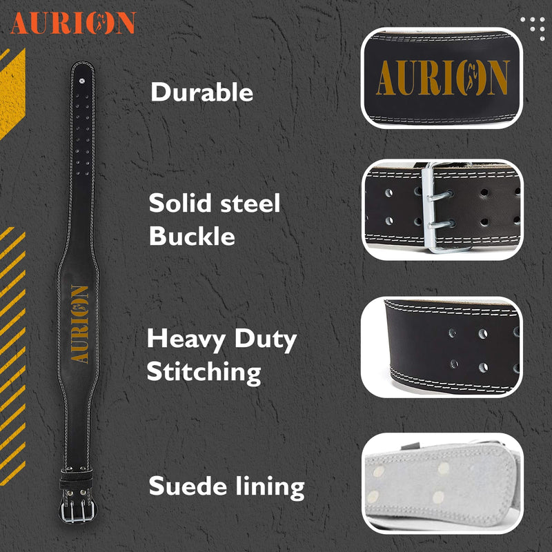 Aurion Leather Weight Lifting Belt Body Fitness Gym Back Support Extra Wide 6 INCHES (Large - 38"- 40" Waist)