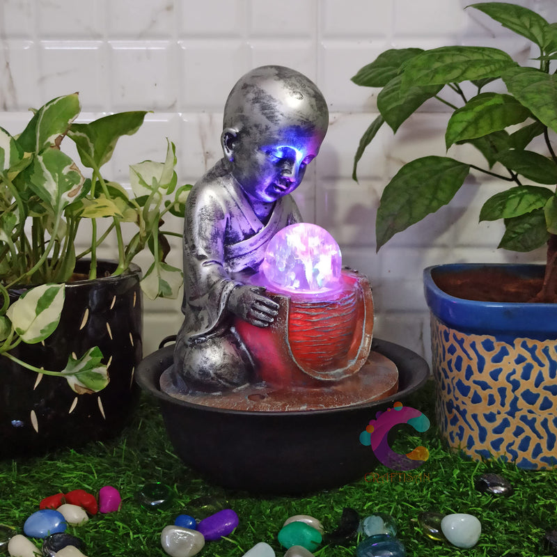 Craftisan™ Polyresin Monk Table Top Indoor Water Fall Fountain with LED Lights Home Decor Decoration Gift Gifting