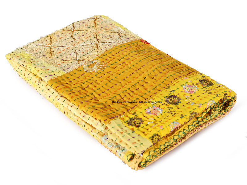 Ravaiyaa - Attitude is everything Khambadiya Silk Patchwork Throw Blanket Sofa Cover Couch Throw Decorative 52" X 64" Inch (Yellow)