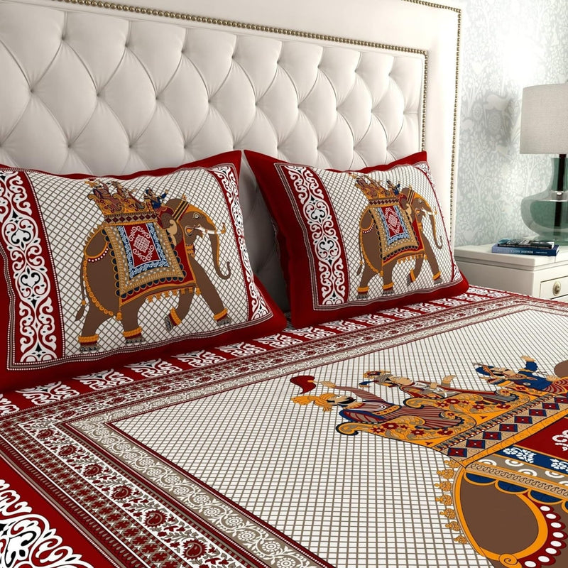 AC FASHION Rajasthani Jaipuri Sanganeri Printed 144 TC 100% Cotton Bed Sheet Set for Double Bed,Elephant Print, Double Bedsheet Cotton with 2 Pillow Covers