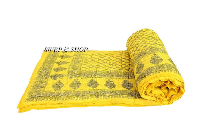 Namaste India Cotton Quilt Blanket (Single, Yellow)