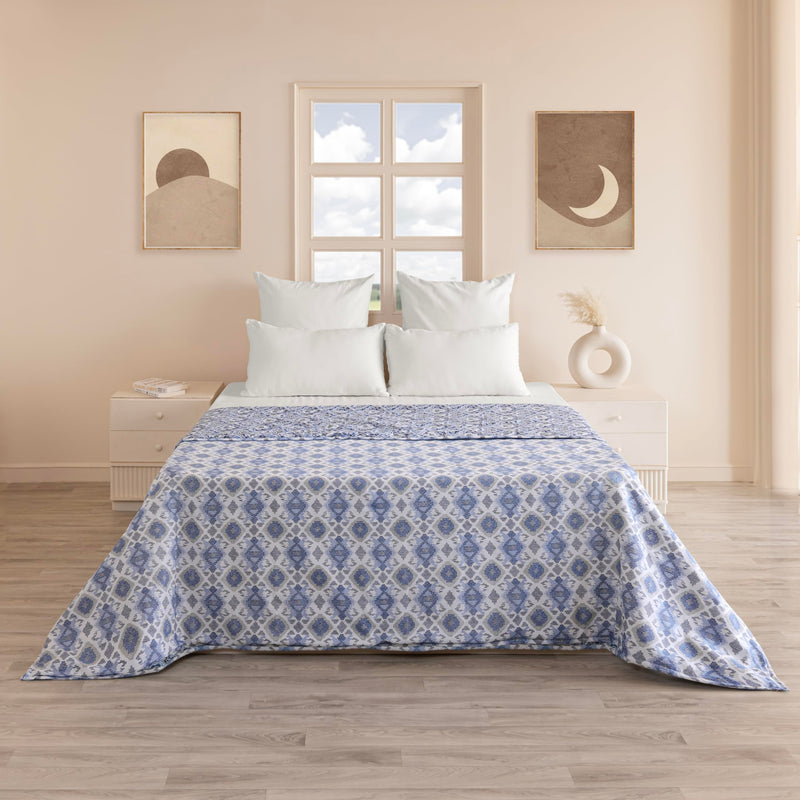 HOMEMONDE Dohar Single Bed Breathable 100% Cotton AC Blanket 54 x 84 Inch Geometric Printed Lightweight Blanket for All Season - (Blue & White, 137 x 213 CM)