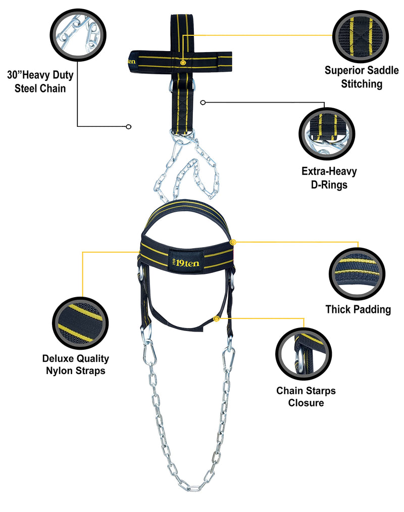 19 ten Neck and Head Strengthening Weight Harness Thick Padded Adjustable Strap with 30 Heavy Duty Steel Chain & Rings for Gym Crossfit Fitness Training Injury Rehab (Harness Yellow Line)