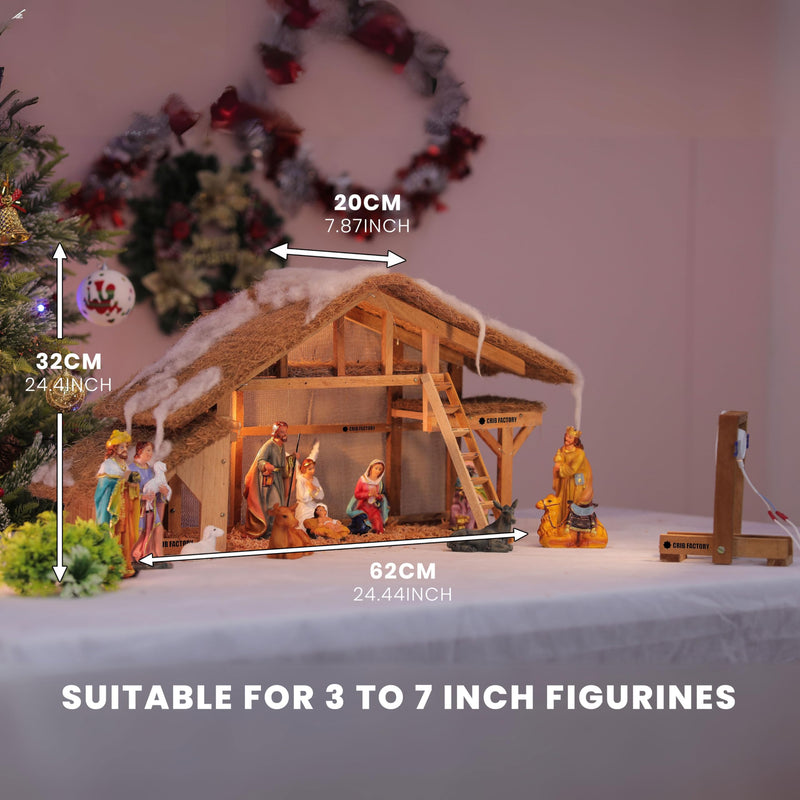 CRIB FACTORY | Natural Finish Wooden Large Size Christmas Crib Set Without Figurines | Size of 62x20x32 CM | Christmas Decor (CFCC01 2024 with spot Light)