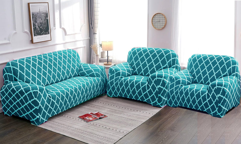 Gifts Island® Sofa Cover 3 Seater and 2 Seater Fully Covered Universal 5 Seater Sofa Cover Non-Slip Sticky Elastic Stretchable Sofa Set Slipcover Protector for (3+1+1 Seater),Teal Blue Diamond