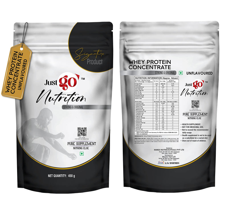 JUST GO NUTRITION 100% Whey Protein Concentrate| 23g Protein(15 servings) with Digestive Enzymes and No Added Sugar| Quality Protein for Muscle Building|450g (Unflavoured) (IMPORTED INGREDIENTS)