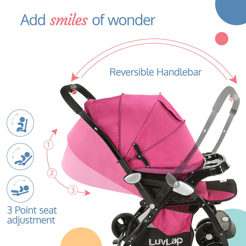 LuvLap Galaxy Baby Stroller, Pram For Baby With 5 Point Safety Harness, Spacious Cushioned Seat With Multi Level Seat Recline, Easy Fold, Lightweight Baby Stroller For 0 To 3 Years (Pink & Black)