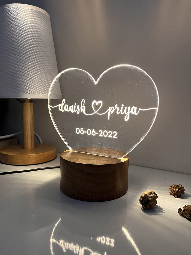 WOWOOD Anniversary Gift for Couple Wedding Gift Lamp Love Night Light (Heart Design, Wood, Warm White, Pack of 1) LED