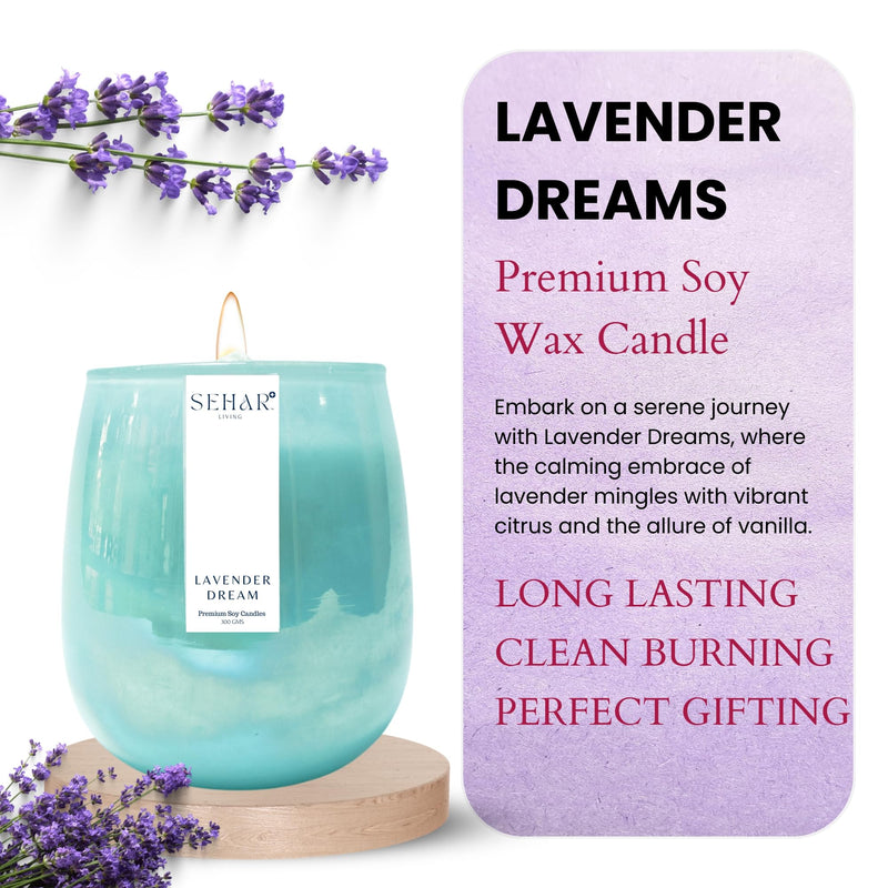 Sehar Living Enchanted Elegance Collection - Lavender Dreams | 300 Gm | Pure Soy Wax | Burn Time - 50-60 Hours | Reusable Glass Jar | Hand Poured | Lavender | Lemon Grass & Vanilla | Orange