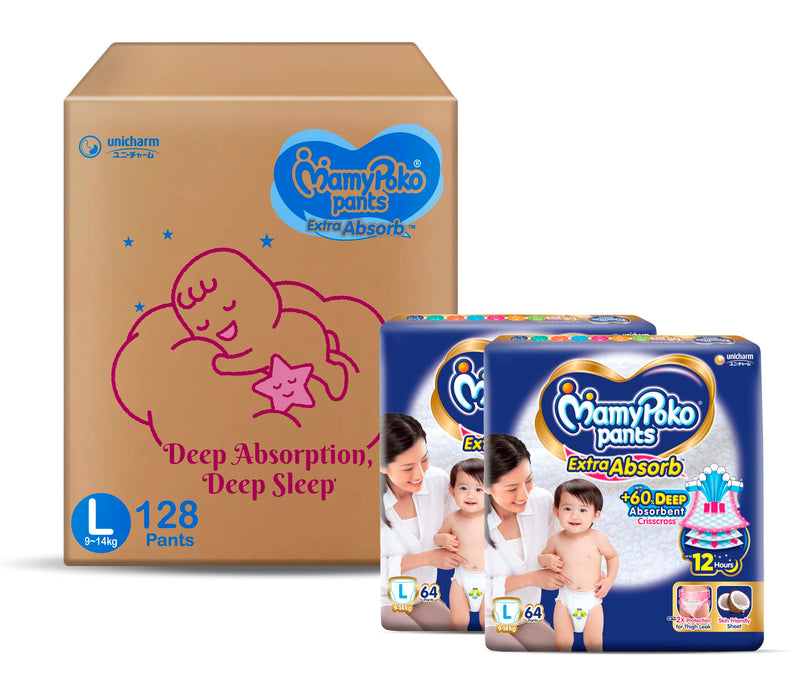 MamyPoko Pants Extra Absorb Baby Diapers, Large (L), 128 Count, 9-14 kg