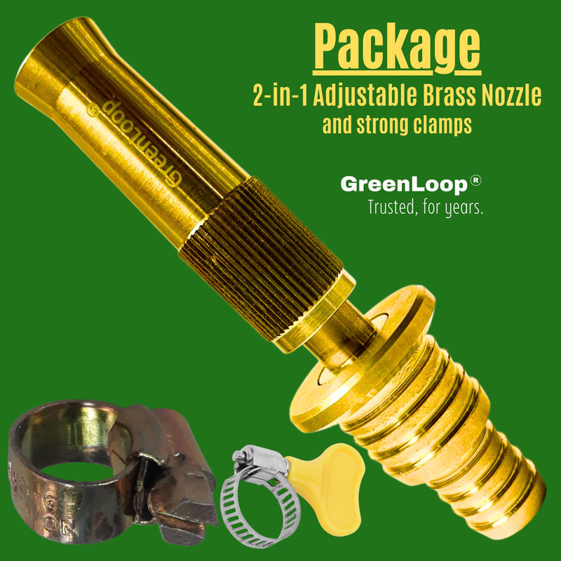 GreenLoop Solid BRASS Water Spray 2-in-1 Nozzle, DUAL PURPOSE, Fits all 3/4" and 1/2" hoses of all thickness, Adjustable Water Jet Spray Gun, High Pressure washing, 2-in-1 Nozzle+Clamps