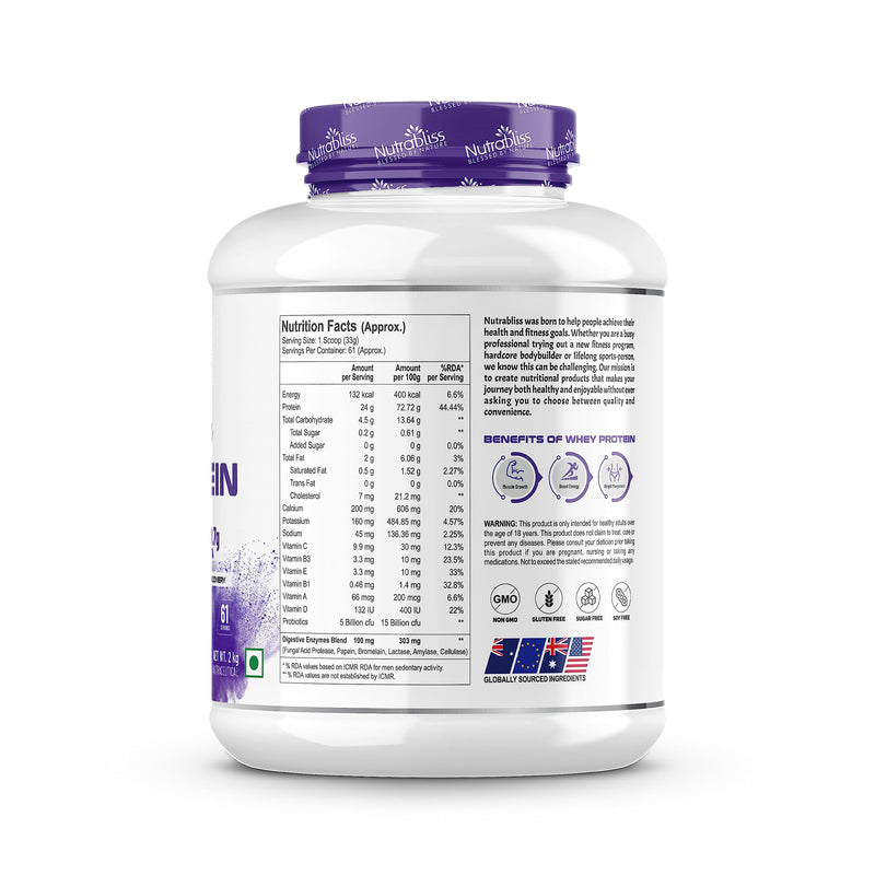 Nutrabliss Premium Pure Whey Protein Concentrated blended with digestive enzymes and probiotics | 100% tested and guaranteed Whey Protein - 24 Gram Protein per serving (Blueberry CheeseCake, 2 Kg)