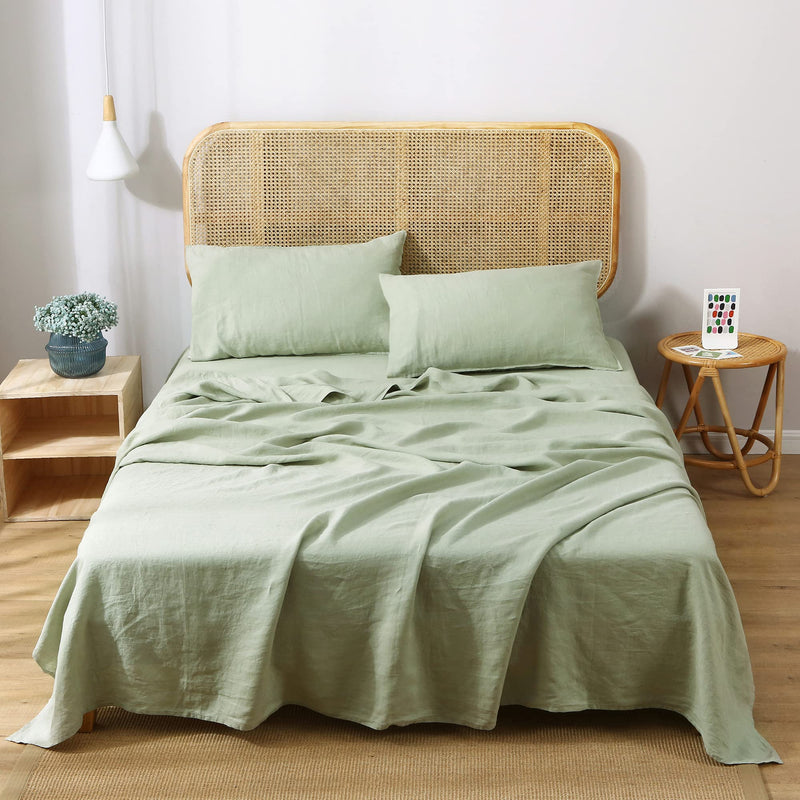 Victory Symbol 100% French Natural Linen Bedding Ultra Soft Stone Washed 4 Piecces Sheets Set(Light Green,Full)