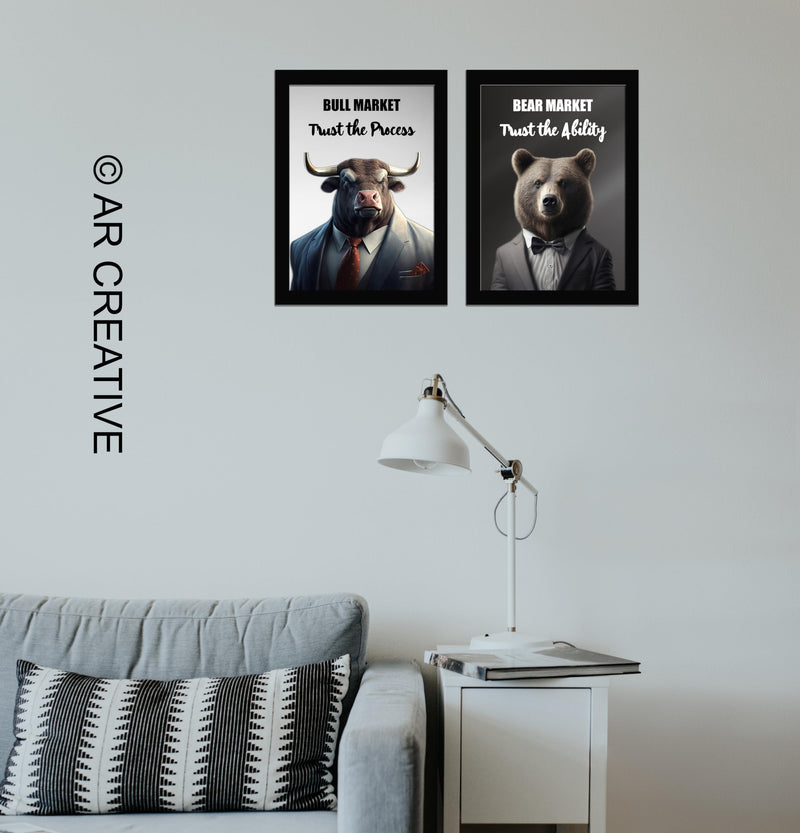 AR Creative Bull Market And Bear Market- Share Trading Motivational Quote Framed Wall Poster, Share Market, Stock Market, Home, Office Decor (13.6 inch x 10.2 inch) Set of 2