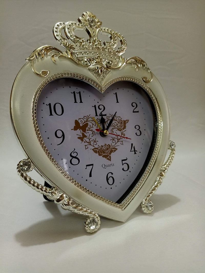 Sri Sainath Enterprises Heart Shape / Crown Design Table Clock / Silver Colour Table Clock with ALARAM / Size:- 9 in Height, 7 in Width.