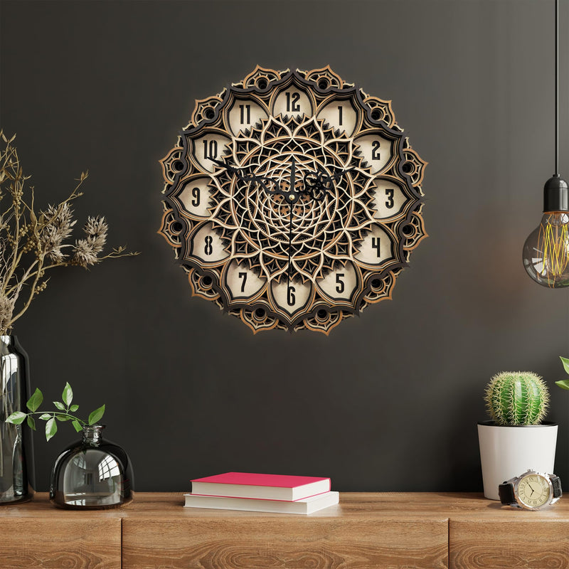 AMC Mandala Wooden Multilayer Round Shape Wall Clock Living Room Clock Unique Wall Decor for Home Decoration and Gifting12X12 INCHES (Design 01)