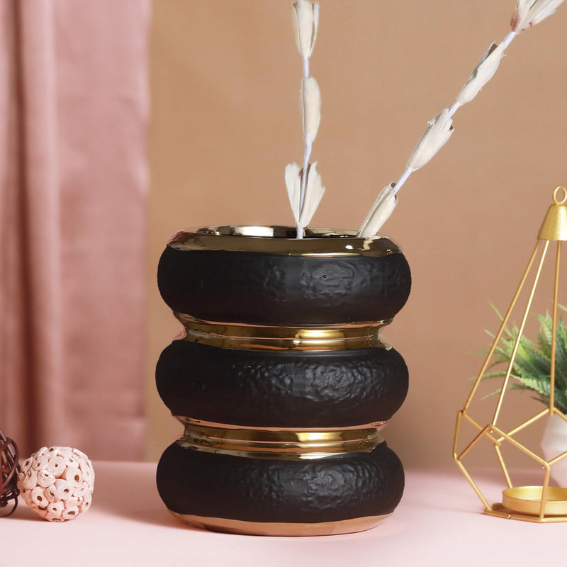 TIED RIBBONS Round Ceramic Vase (Black, 19 cm x 13.5 cm) for Home Decor Flowers Plants Living Room Bedroom Centrepiece Office Table Decoration Items